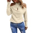 thumbnail image 1 of Gibobby Suéter Suelto con Estampado Casual Suéteres de color sólido para mujer, blusas casuales con hombros descubiertos, cuello en V cruzado, manga larga, suéteres con cuello Halter (Beige, S), 1 of 5