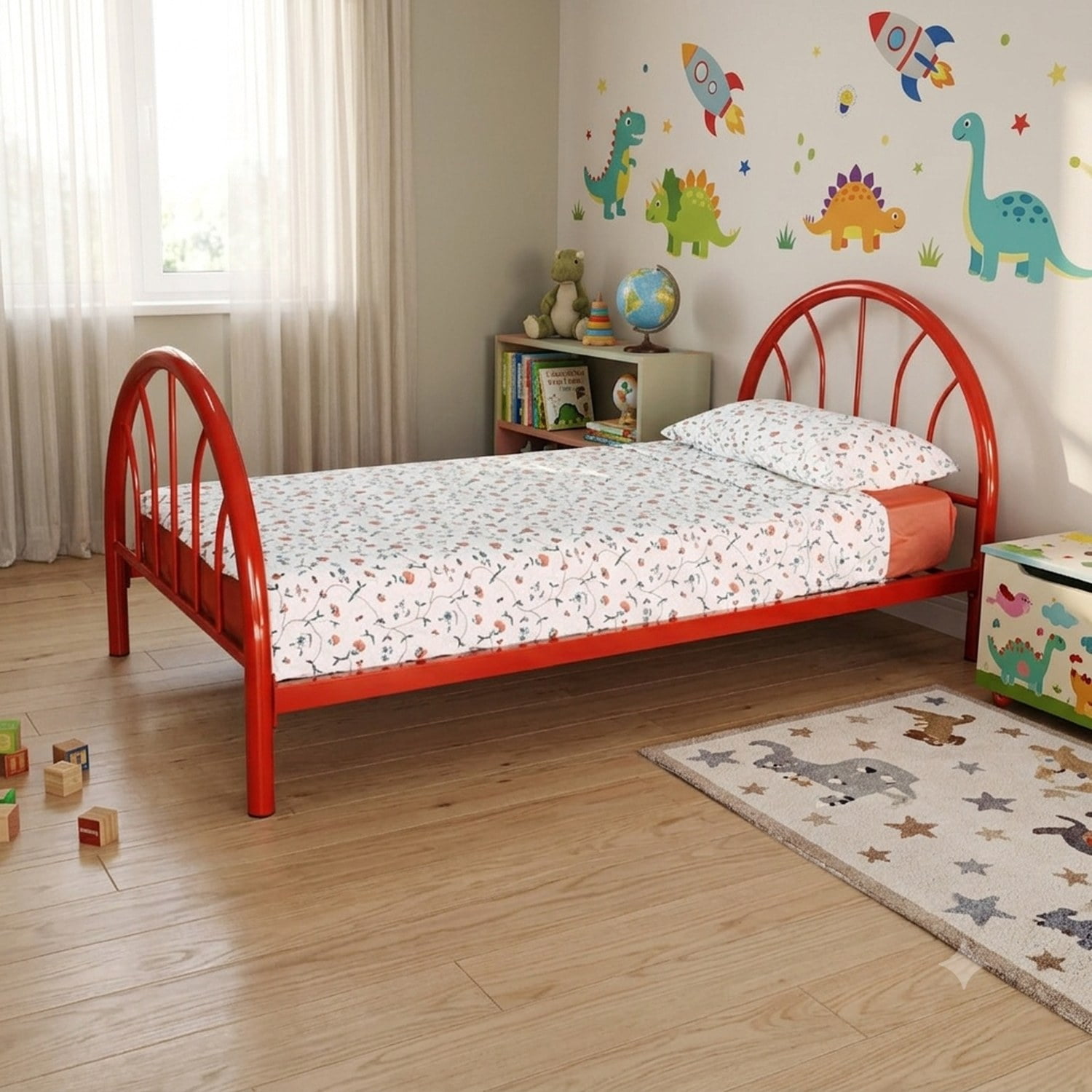 Heavy Duty Metal Twin Platform Bed 39 Inch High, 16 Support Slats with Blue & Red Underbed Storage Tub, Noise Free Bed Frame for Bedroom
