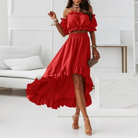 

Outfmvch Women s New One-Piece Collar Sexy Waistless Puff Sleeve Two-Piece Suit Dress Red S