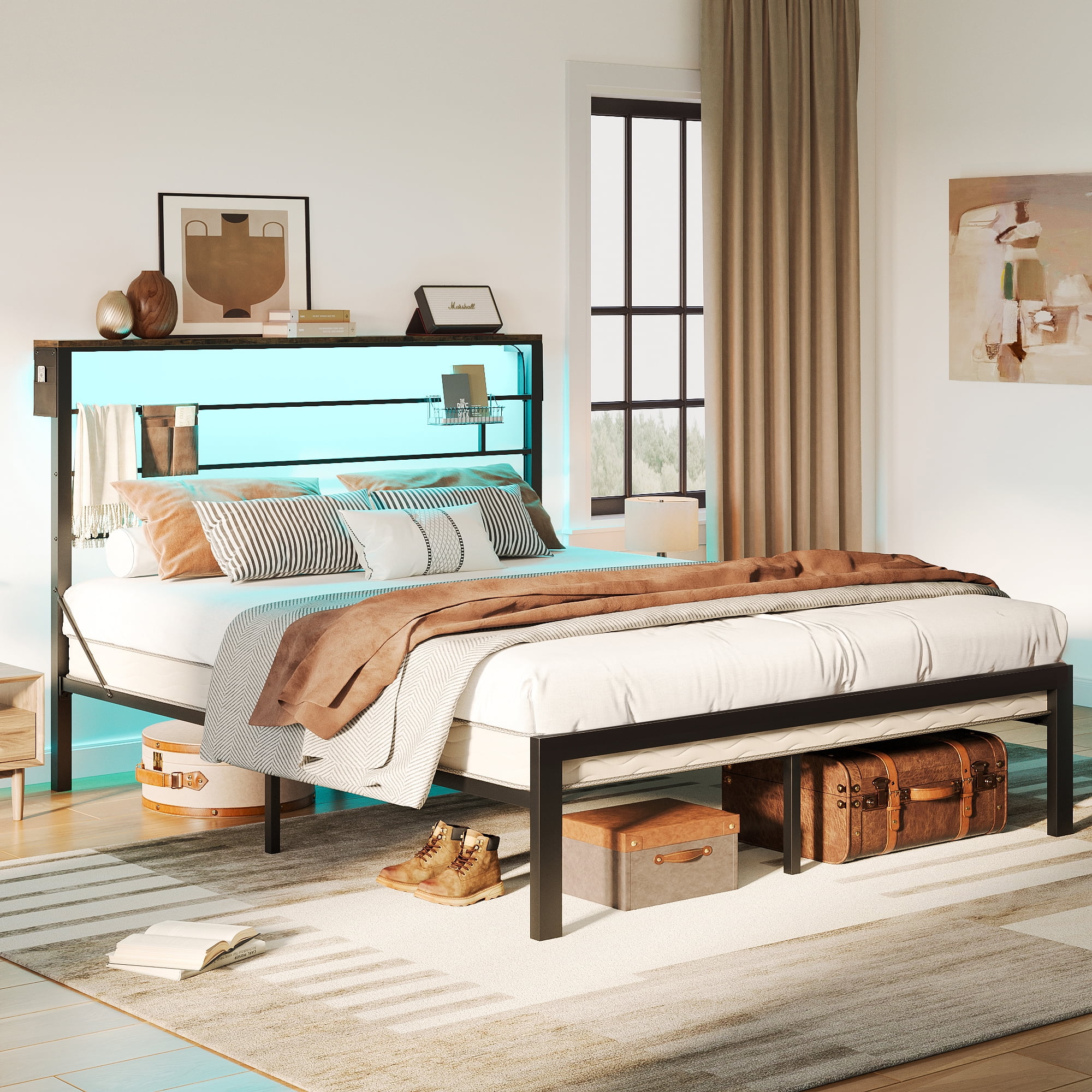 Bestier Queen Size Bed Frame with 49.2" High LED Storage Headboard Shelf, Metal Platform Bed, Black