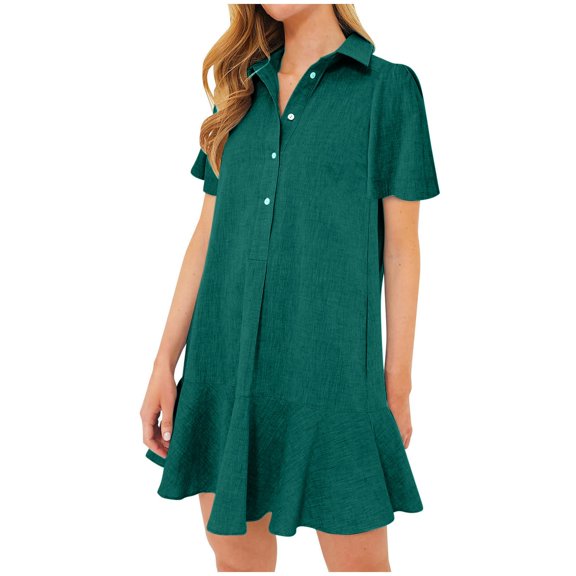 Gnshining Summer Linen Dresses for Women Solid Color Mini Dress Pleated Ruffle Dress Loose Going Out Dress Button Dress Short Sleeve Formal Dress