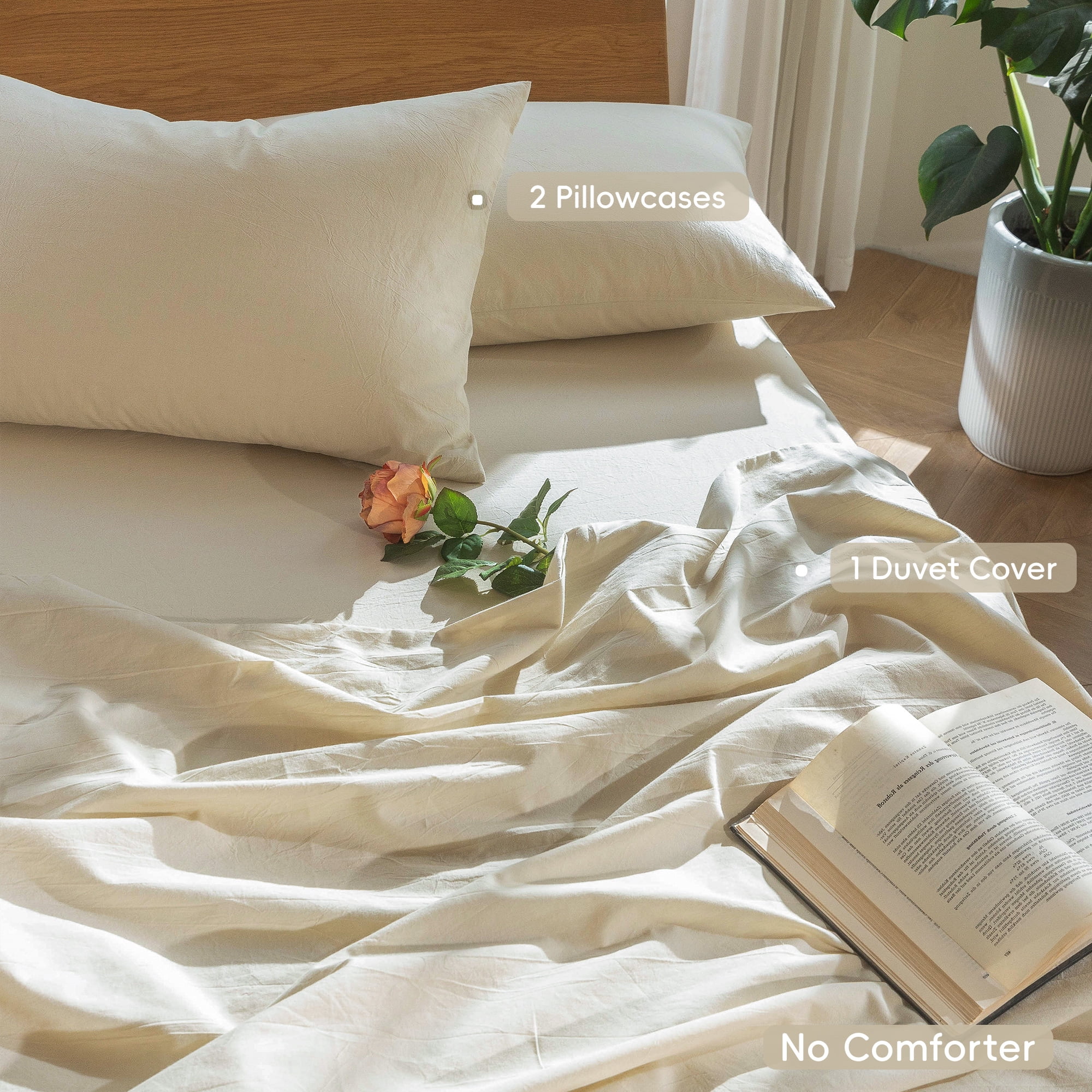 MooMee 100% Washed Cotton Duvet Cover Set Full Size Linen Like Textured Breathable 3-Piece (Almond Milk Grey, 80"x90")
