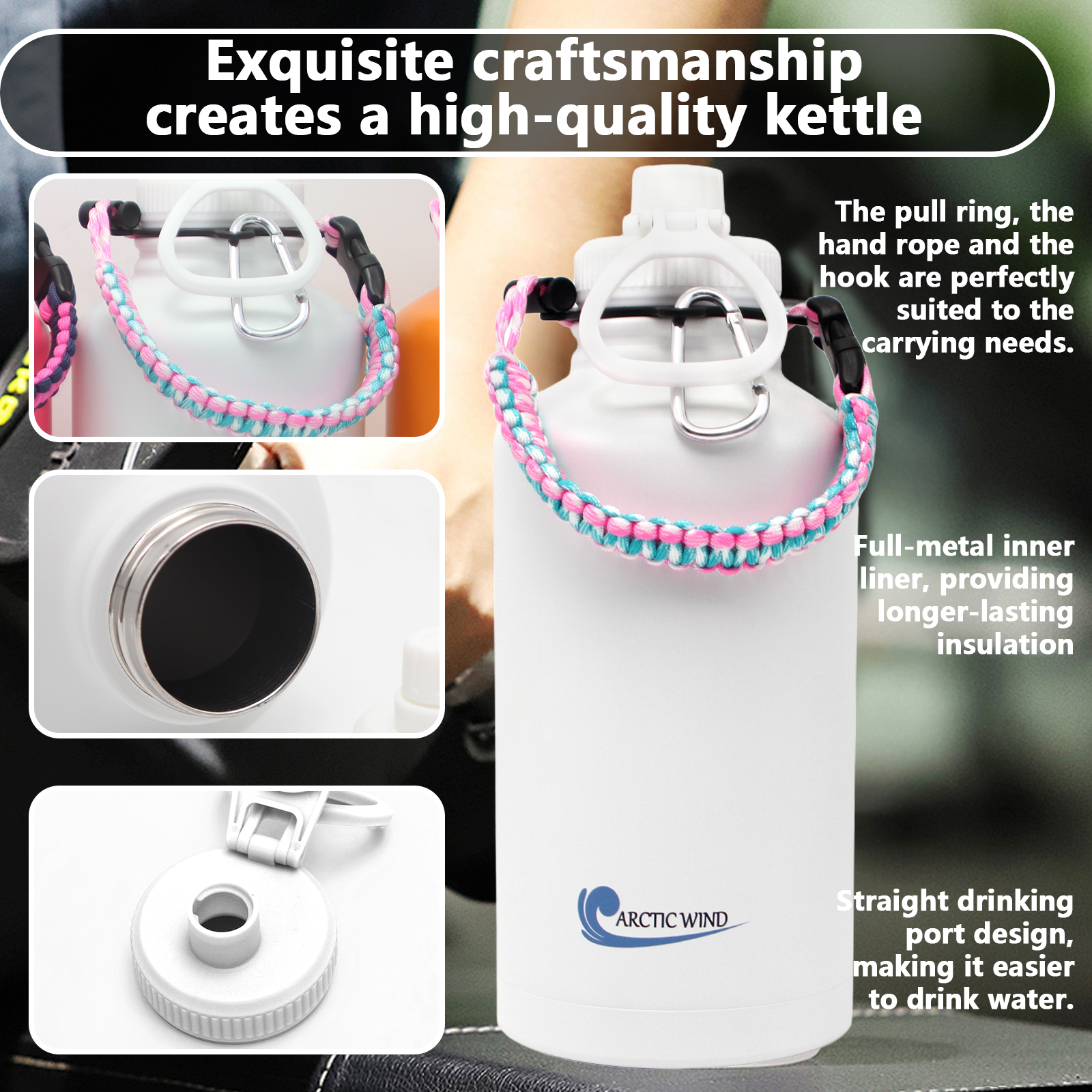 Arcticwind 64 oz Insulated Water Bottle, 304 Stainless Steel Leak Proof & BPA-Free, Half Gallon Water Bottle, Paracord Handle, 64oz Water Bottle Triple Wall Thermal Sweat-Proof Gallon Water Jug