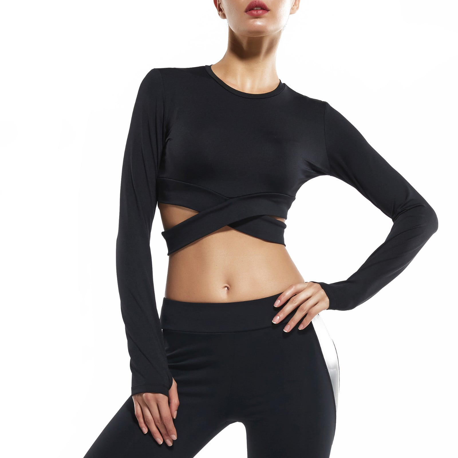 Women Stretch Long Sleeve Tight Fitness Yoga Tops Cropped Breathable Blouse 