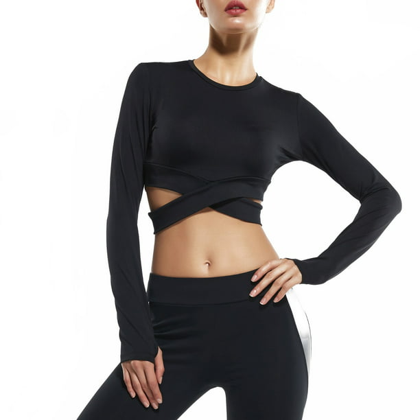 FITTOO Women Gym Crop Top Compression Workout Athletic Long Sleeve Shirt Walmart.com