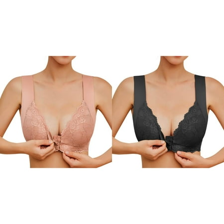 (2-Pack) Rinsvye Womens No Steel Ring Sports Bras for Women French Womens Front Close Women Bras Wireless Push Up Bra T Back Plus Tan Bra Size Seamless Unlined Bra Sports Bra for Women Pack for Large