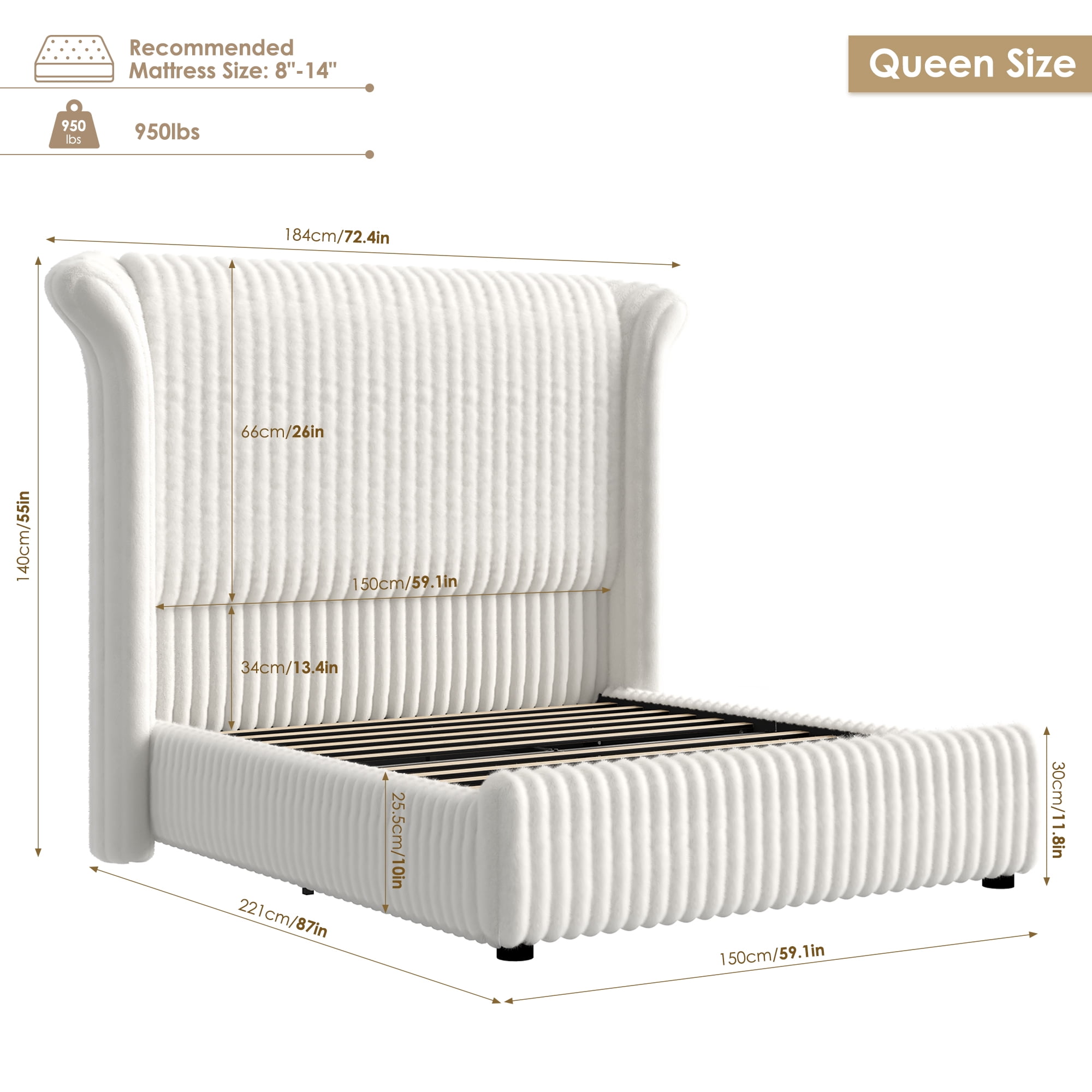 Hiphuta Corduroy Upholstered Queen Size Bed Frame with Headboard, LED Platform Queen Bed Frame with 55"H Tall Vertical Stripe Corduroy Wingback Headboard, White