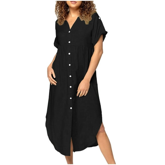 OSFVNOXV Womens Linen Dresses 2025 Casual Button Down Long Shirt Dress Cuffed Sleeve Lightweight Bathing Suit Cover-Ups Summer Sundress