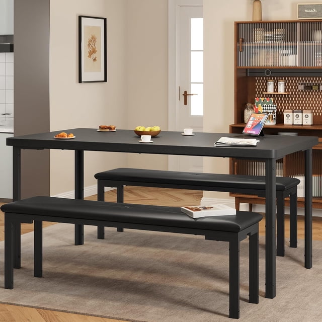 3-Piece Dining Table Set, Rectangular Kitchen Dinette Set with 2 Upholstered Benches, MDF & Metal Frame, Space-Saving Furniture for Dining Room, Breakfast Nook and Apartment, Black