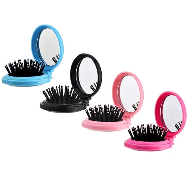 4 Pcs Brosse à Cheveux de Poche avec Miroir, Brosse Ronde Pliable de Voyage, Mini Peigne à Cheveux, Peigne Compact Format Voyage, Peigne de Massage pour Cheveux pour Femmes et Filles