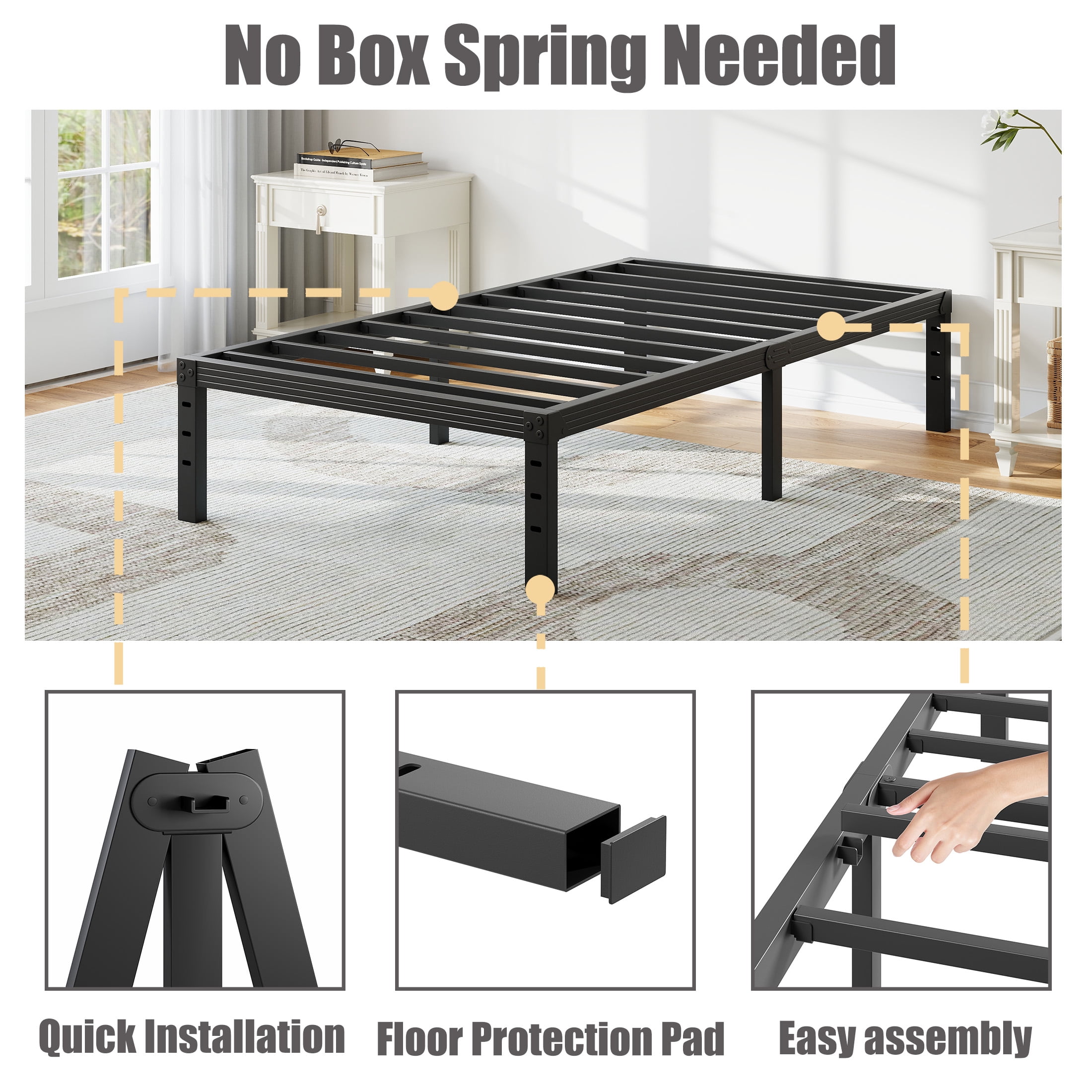 NESLIME 18 inch Twin Size Metal Bed Frame with Ample Storage Space, Heavy Duty Metal Platform, No Box Spring Needed