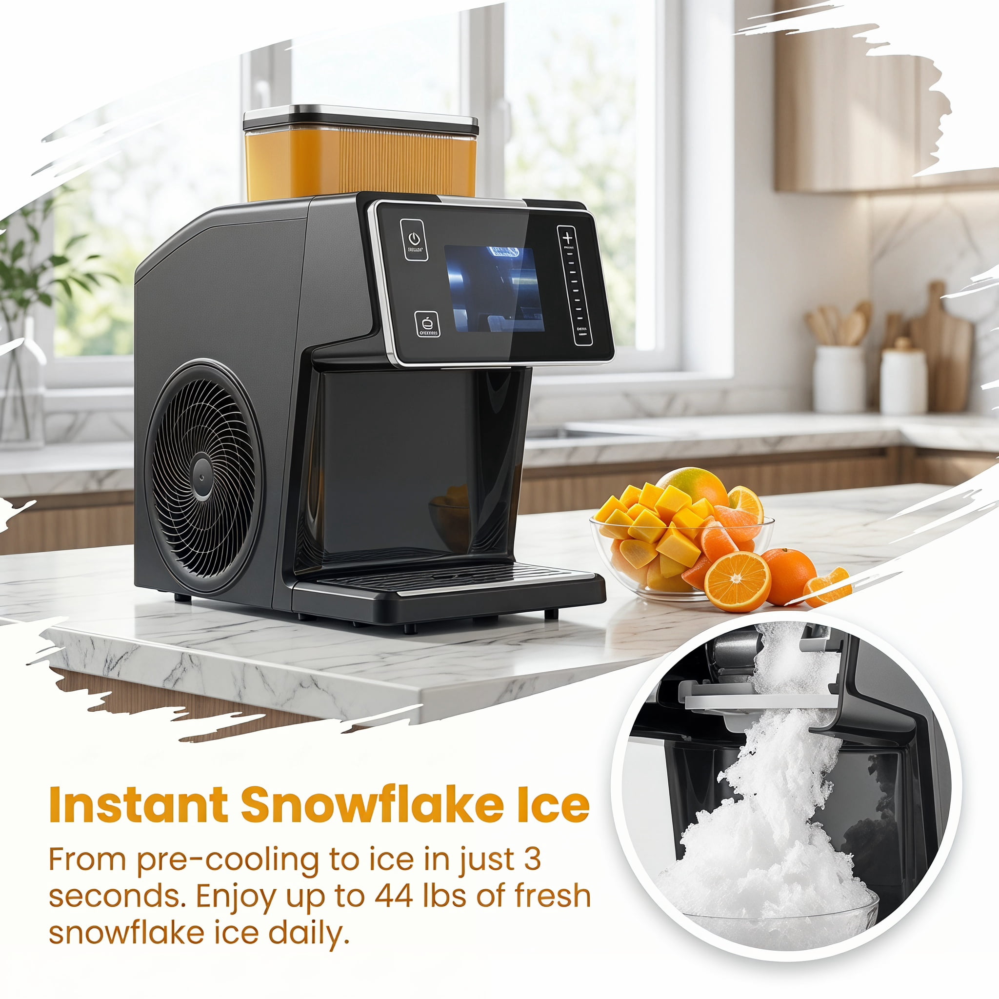 Electric Snow Cone Maker 44LBS 24H Snowflake Ice Machine Ice Shaver Machine Ice Crusher with Stainless Steel Blade 0.2 Gal Tank 60S Pre Cooling for Home Parties Small Gatherings