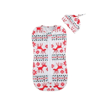 

Carolilly 2 Pcs Christmas Deer Zipper Sleeping Bag Set O-neck Elastic Baby Care Sleeping Pocket and Round Hat 0-6 Months