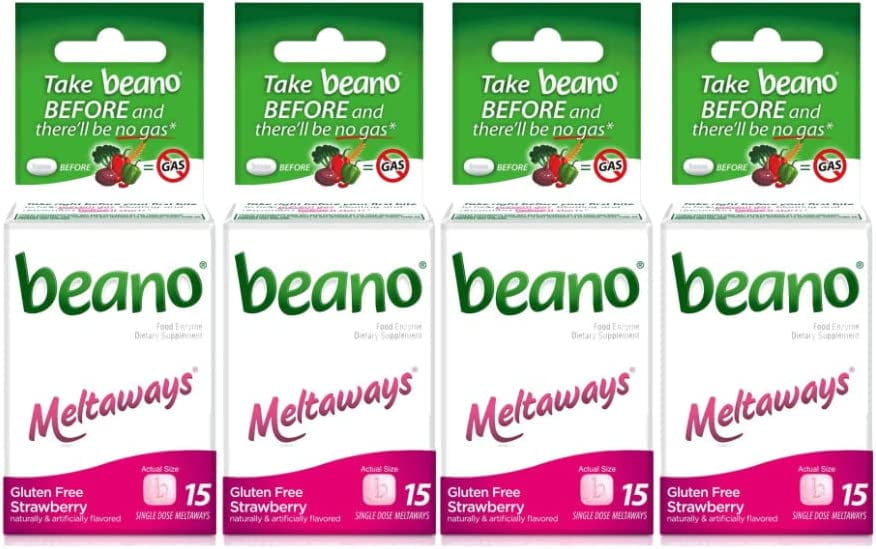 Beano Meltaways, Gas Prevention & Digestive Enzyme Supplement, Strawberry Flavor, 15 Count -  4 Pack