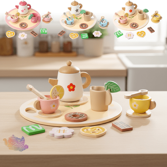 Wooden Tea & Coffee Party Pretend Playset, Simulation Afternoon Tea Toy with Teapot, Cups, Tray and Dessert Accessories, Tea Time Pretend Play House Toys, Cafe Role Play Toy for Kids Ages 3 and Up
