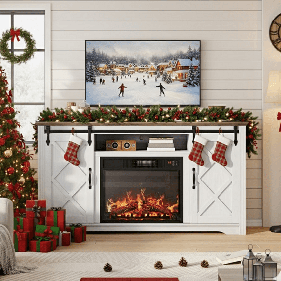 SESSLIFE Fireplace TV Stand for 65 Inch TV, 30'' Tall Farmhouse TV Stand with 2 Drawers & Sliding Barn Door, Entertainment Center with 3D Flame Electric Fireplace Heater, White Brown