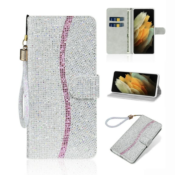 Glitter Wallet Case for Samsung Galaxy A32 5G, Sparkle Bling PU Leather Wrist Strap Soft TPU Shockproof Flip Cover with Kickstand Magnetic Clasp Card Slots Shining Case for Women Girls,Silver