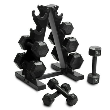 Cap Barbell 100 lb Cast Iron Hex Dumbbell Weight Set with Rack, Black