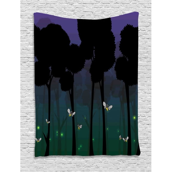 Firefly Tapestry, Surreal Forest with Magic Wings Fairy Branches Beetles Kids Cartoon, Wall Hanging for Bedroom Living Room Dorm Decor, 60W X 80L Inches, Dark Brown Teal Violet, by Ambesonne