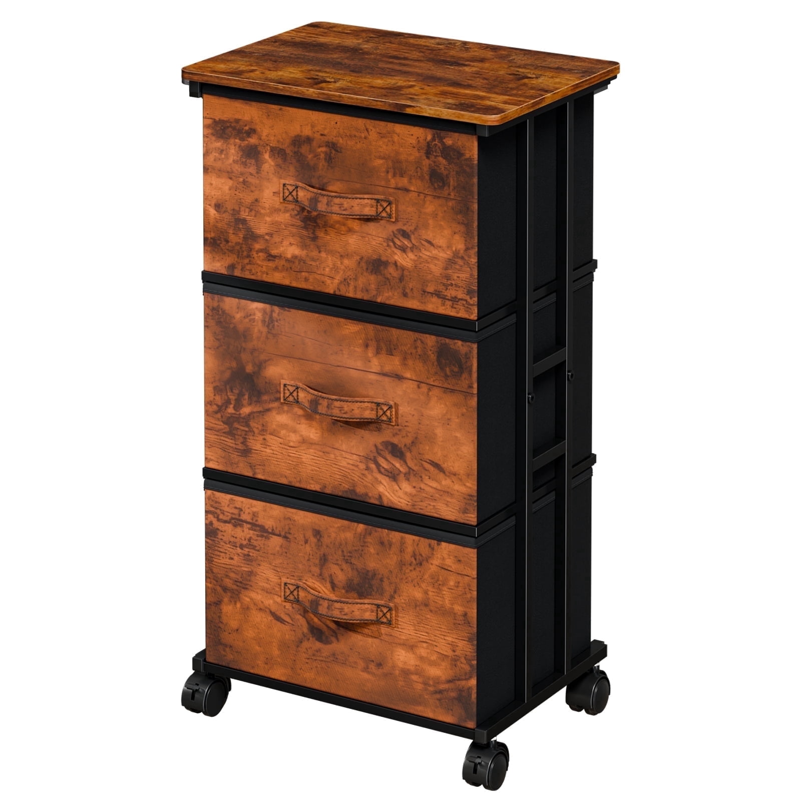 edx Rolling Nightstand with Wheels, 3 Drawer Fabric Storage for Bedroom, Entryway, Closets, Office, Rust Brown