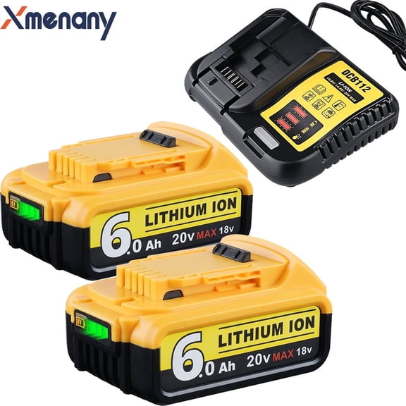 2 Pack 6.0Ah DCB206 Replacement for Dewalt 20V MAX Battery and DCB112 Charger Combo Compatible with 20V Battery Lithium DCB207 DCB204 DCB200 DCB201 DCB203 Series Power Tool