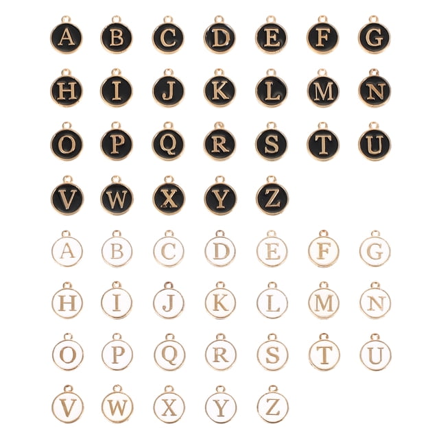 Encanto para hacer joyas, paquete de 104 colgantes de letras metálicas de la A a la Z, encanto de letra de esmalte para collar de bricolaje, blanco y negro