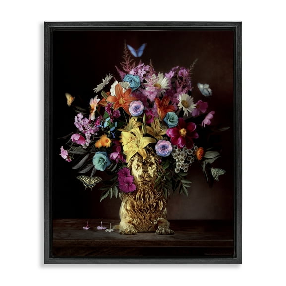 Stupell Industries Bouquet in Dog Vase Plants & Flowers Painting Black Floater Framed Canvas Art Print Wall Art, 17 x 21