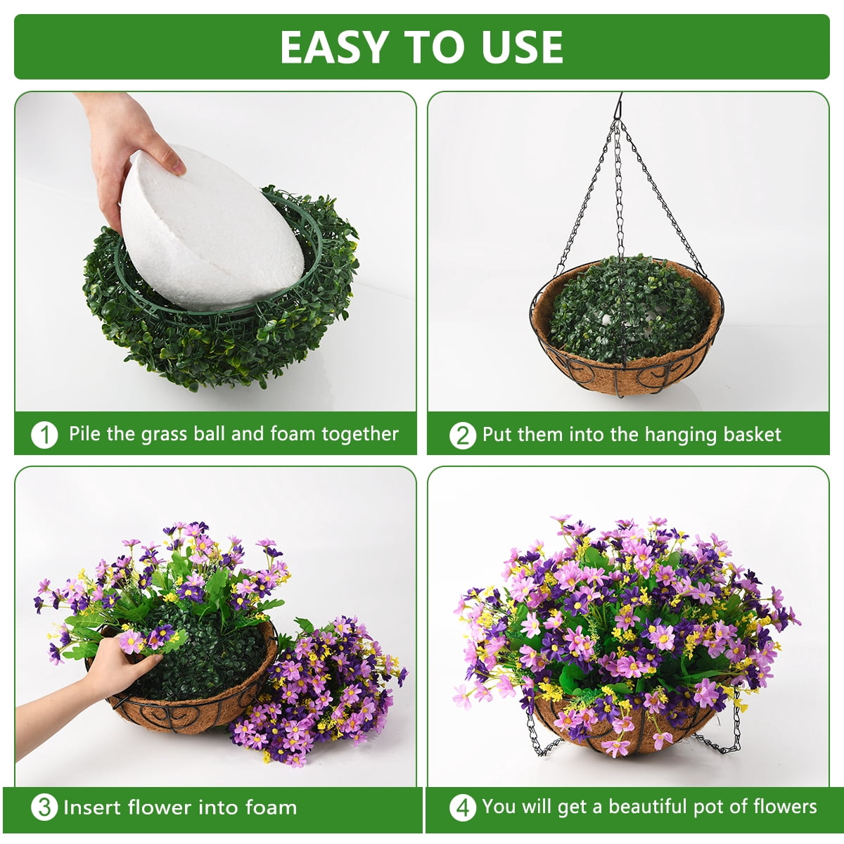Artificial Hanging Flowers in Basket Outdoor Indoor Patio Lawn Garden Decor, Hanging Daisy Basket with 12inch Coconut Lining Chain Flowerpot (Purple)