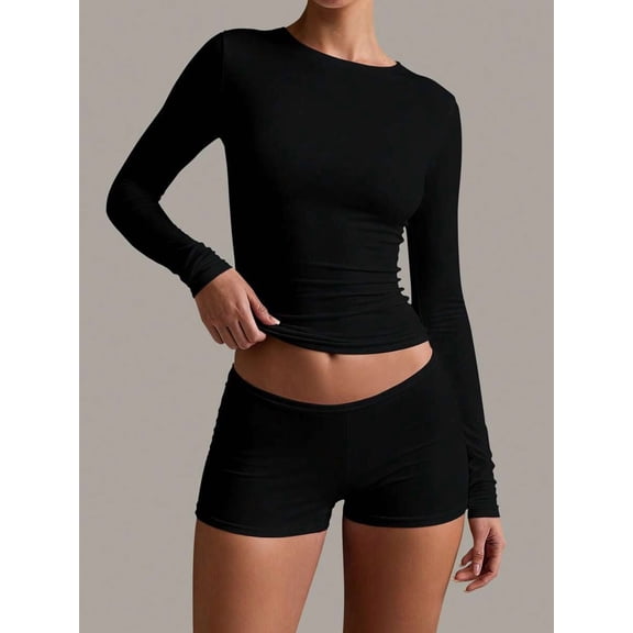 Women's Crew Neck Long Sleeve Fitted Top, Slim Fit Ruched Side Basic Layering Shirt, Stretchy Casual Everyday Blouse for Daily Wear Workout and Outing