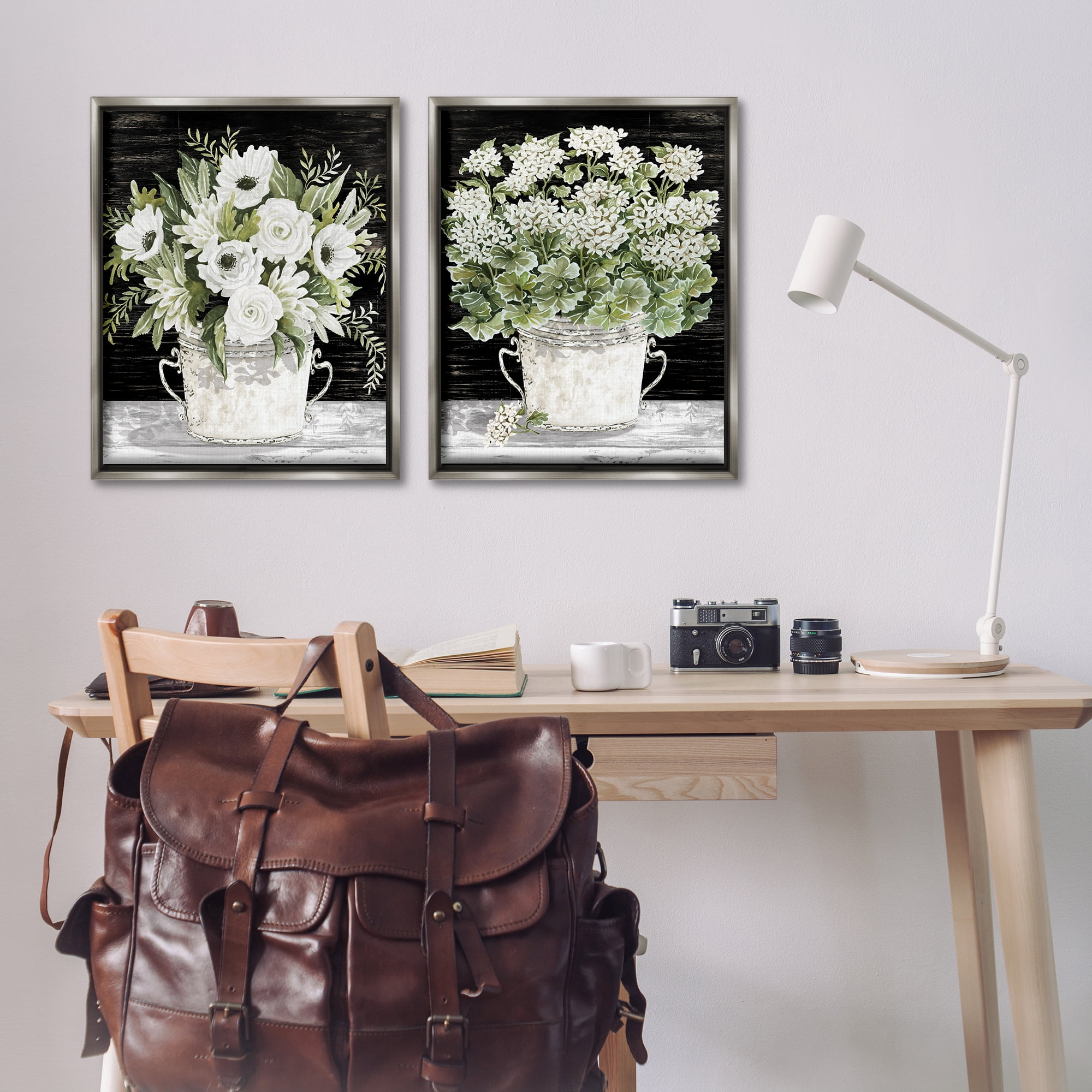 Stupell Industries Country Tins of Flowers Floral & Botanical Painting Gray Floater Framed Canvas Art Print Wall Art, 31 x 25, Set of 2