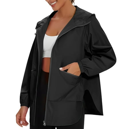 YYDGH Women s Waterproof Raincoat Lightweight Rain Jacket Trench Coat Hooded Windbreaker with Pockets Outdoor Black XL