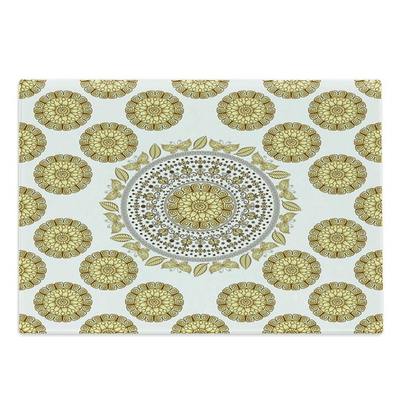 Mandala Cutting Board, Circle Mandala Pattern Butterflies with Leaves Natural Composition, Decorative Tempered Glass Cutting and Serving Board, Large Size, Yellow Cream Brown, by Ambesonne