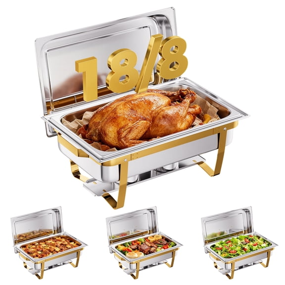 CAMMOO 4 Pack 9QT Gold Stackable Chafing Dish Buffet Set, 18/8 (304) Stainless Steel Food Warmers for Parties Buffet Catering Events Dinners,Rectangular