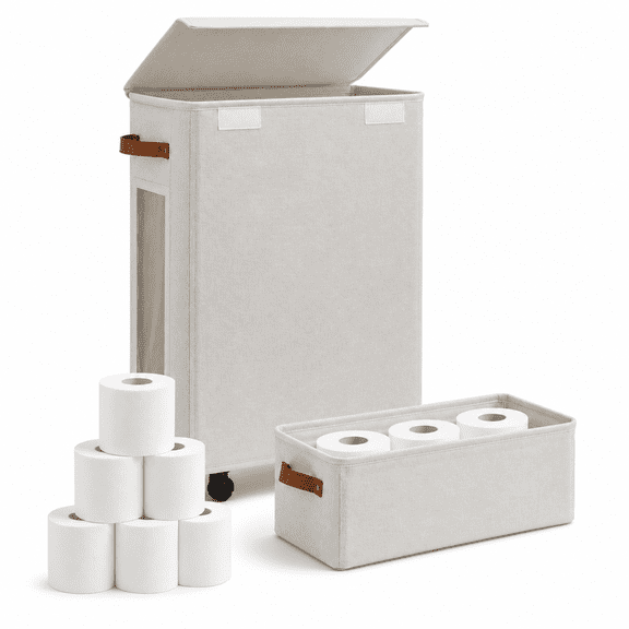 Toilet Paper Storage Basket, 2-Piece Set Slim Bathroom Organizer Holder with Lid, Wheels and Handles for Bathroom, RV, Closet, Beige