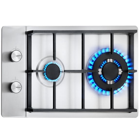 12" Built-in Stainless Steel Gas Cooktop, 2 Burners 12250BTU Dual Fuel LPG/NG, Outdoor Kitchen Camping RV Hob with Safety Protection