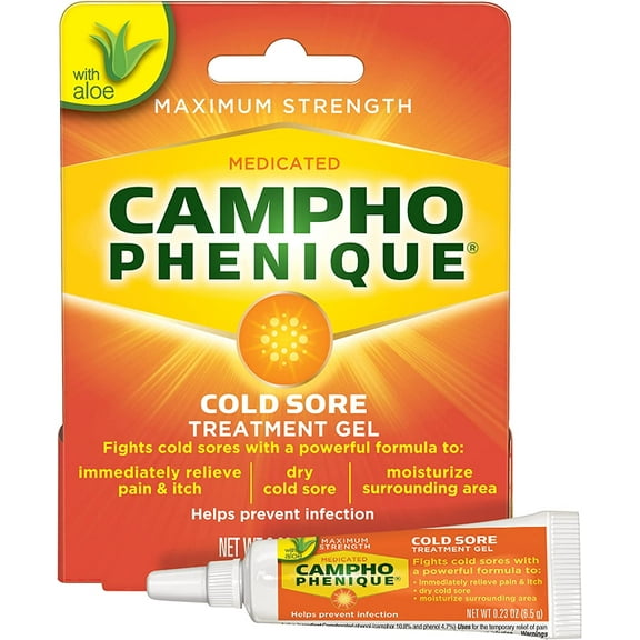 Campho Phenique Cold Sore and Fever Blister Treatment for Lips, Maximum Strength Provides Instant Relief, Helps Prevent Infection To Promote Healing, Original Gel Formula, 0.23 Oz