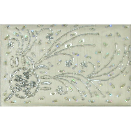 8" Hand Crafted Silver Bead Encrusted Silk Jewelry Keepsake Box with Mirror & Tray