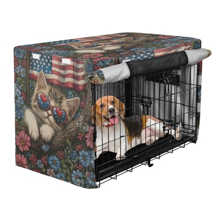 Qxltty American Flag Floral Cat Crate Cover Durable Oxford Cloth Pet Kennel Sunshade Universal Fit for 35in Wire Cage