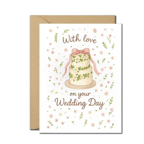 Charming Wedding Day Greeting Card - Watercolor Cake Design - Blank Inside with Envelope