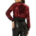 thumbnail image 3 of INSPIRE CHIC Women's Sequin Sparkle Zipper Cropped Bomber Jacket XL Red-A, 3 of 6