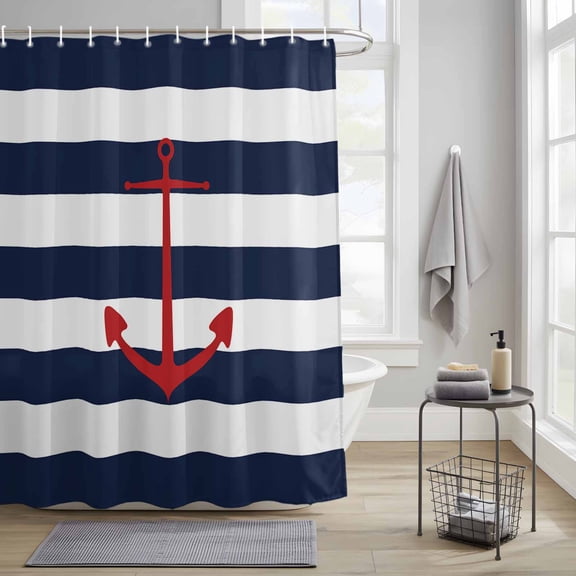 Bathroom Shower Curtain Nautical Retro Red Anchor on Stripes Waterproof Shower Curtains with Hooks, Navy Blue and White Bath Curtains Bathtub Curtain Home Decor 36x72in