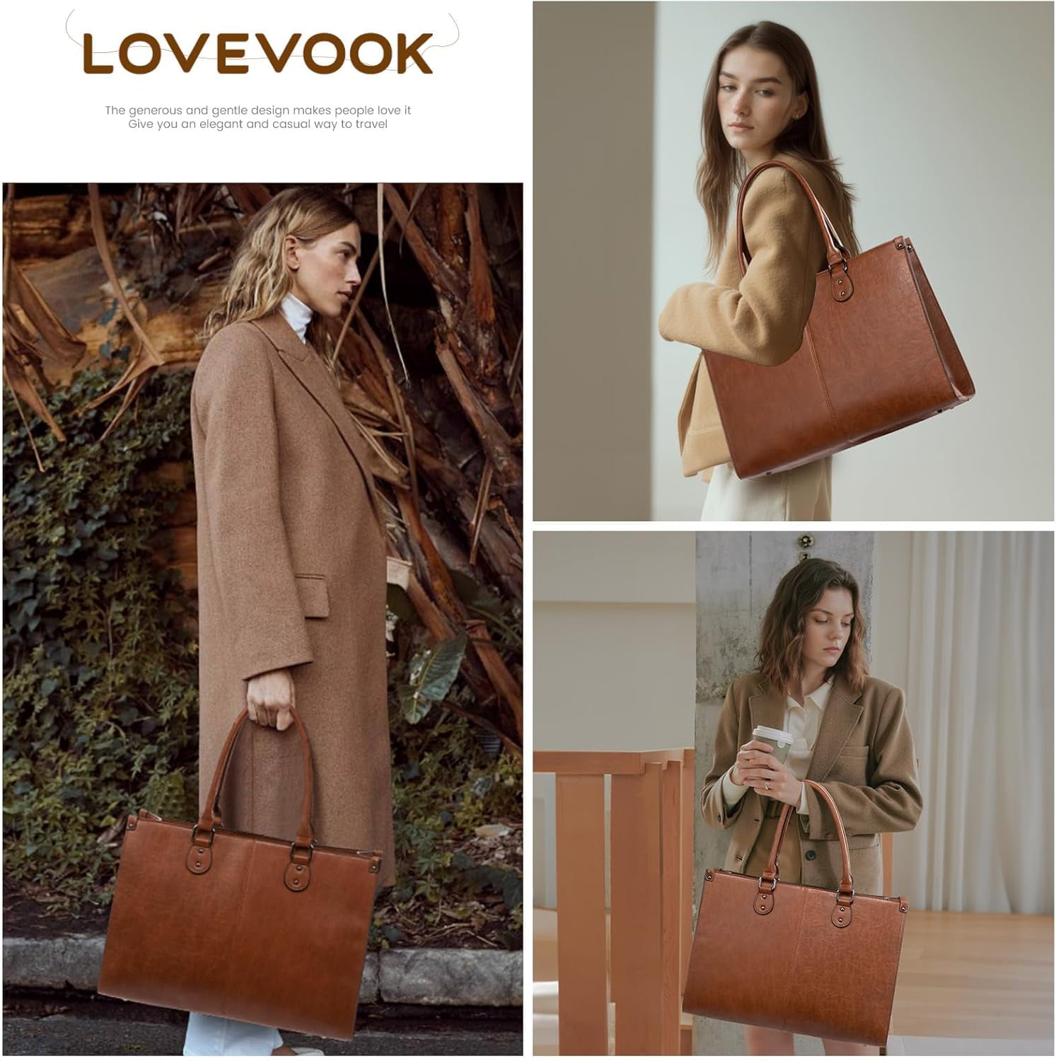 LOVEVOOK Laptop Tote Bag for Women, 15.6 Inch Large Capacity Vintage Leather Work Computer Bag, Business Casual Shoulder Handbag, Dark Brown