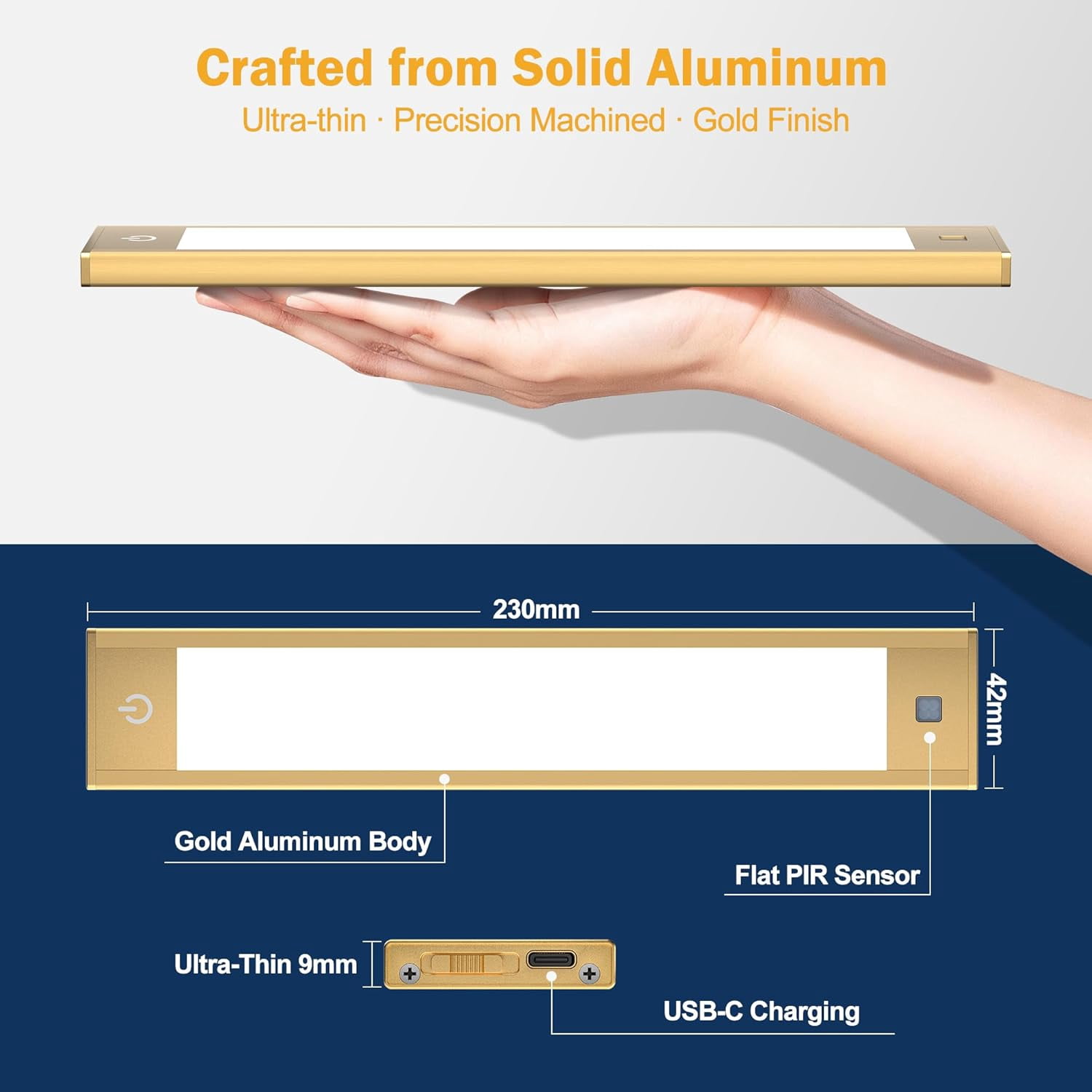 V4light Rechargeable Motion Sensor Under Cabinet Light, Magnetic LED Bar 1500mAh Gold, Dimmable 3 CCT (9 in)