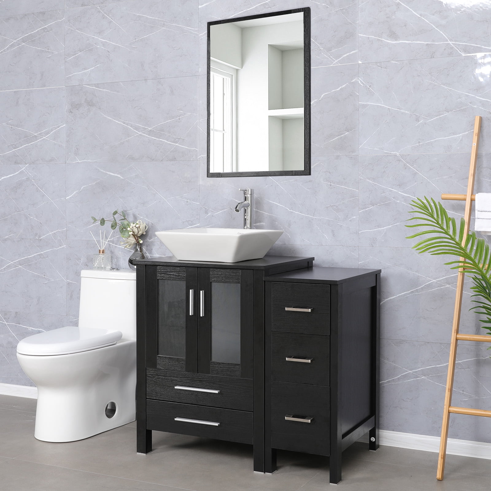 Eclife 36"W x 20"D x 32"H Black Bathroom Vanity Cabinet Sink Combo White Square Tempered Glass Vessel Sink with Side Cabinet with Faucet Drain High Definition Mirror Set