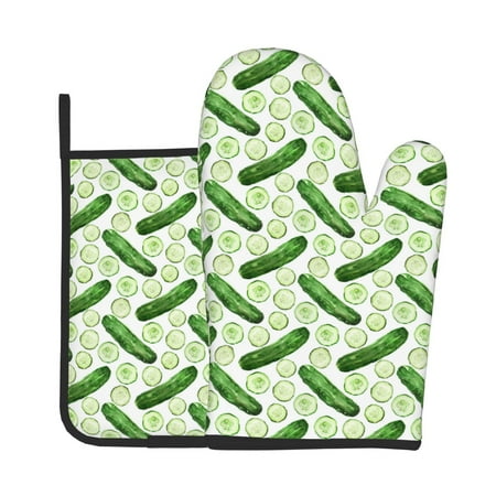 

Xecao Green Cucumber1 Pattern Oven Mitts and Pot Holders Sets Heat Resistant Silicone Oven Mittens Extra Thicken Long Kitchen Cotton Oven Glove for Cooking