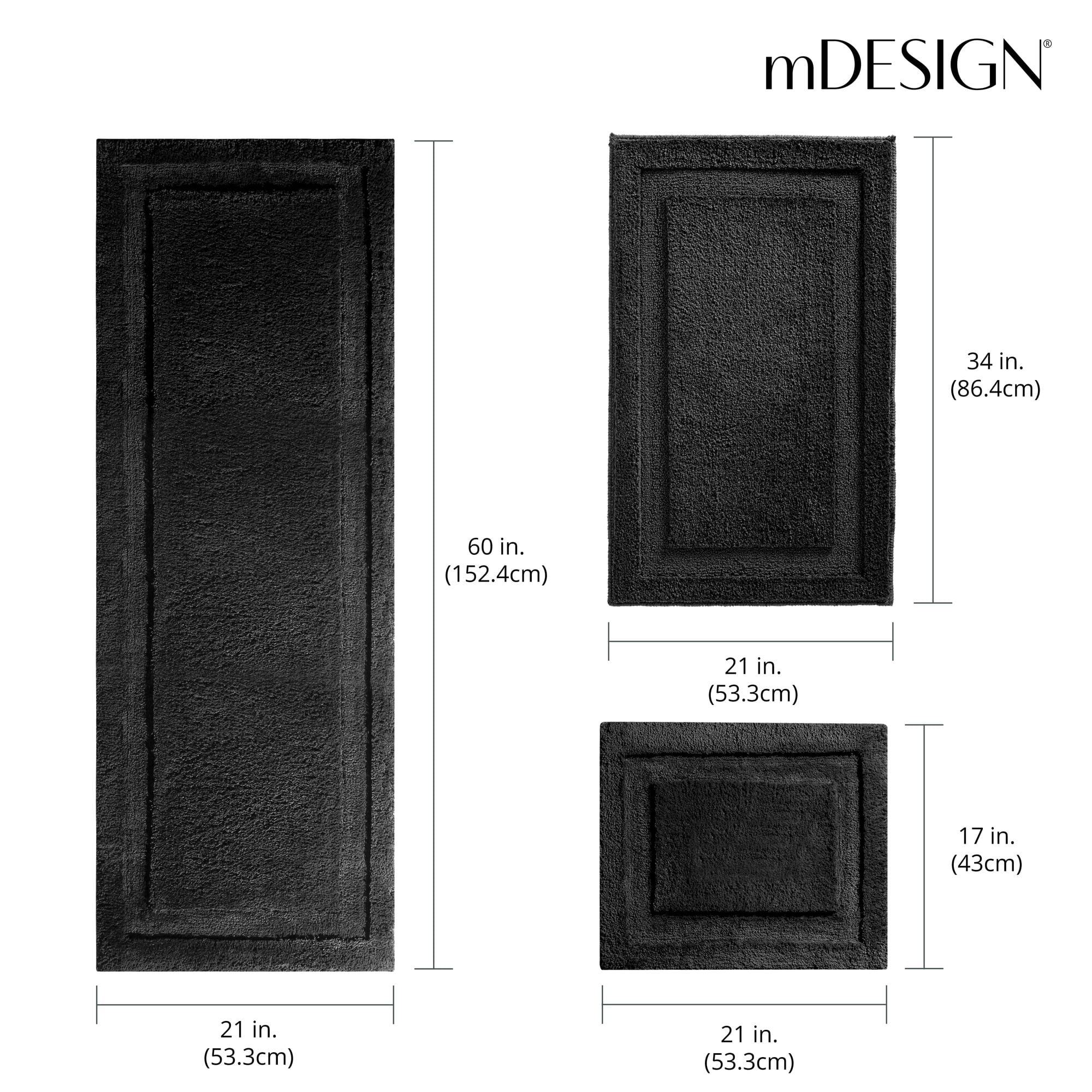 mDesign Microfiber Bath Mats - 3 Piece Bathroom Rugs - Set of 3 - Black