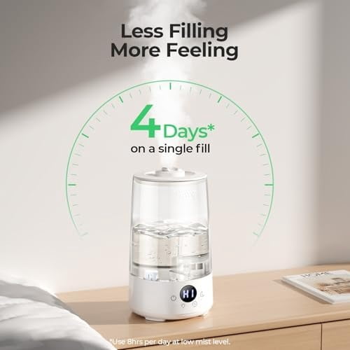 Humidifiers for Bedroom Home, 3.6 L Cool Mist Top-Fill 34H Super Long Time, Quiet 23dB, Baby Humidifier, Oil Diffuser for Large Room, House, Plant, Nursery, BPA FREE, Ultrasonic (Transparent)