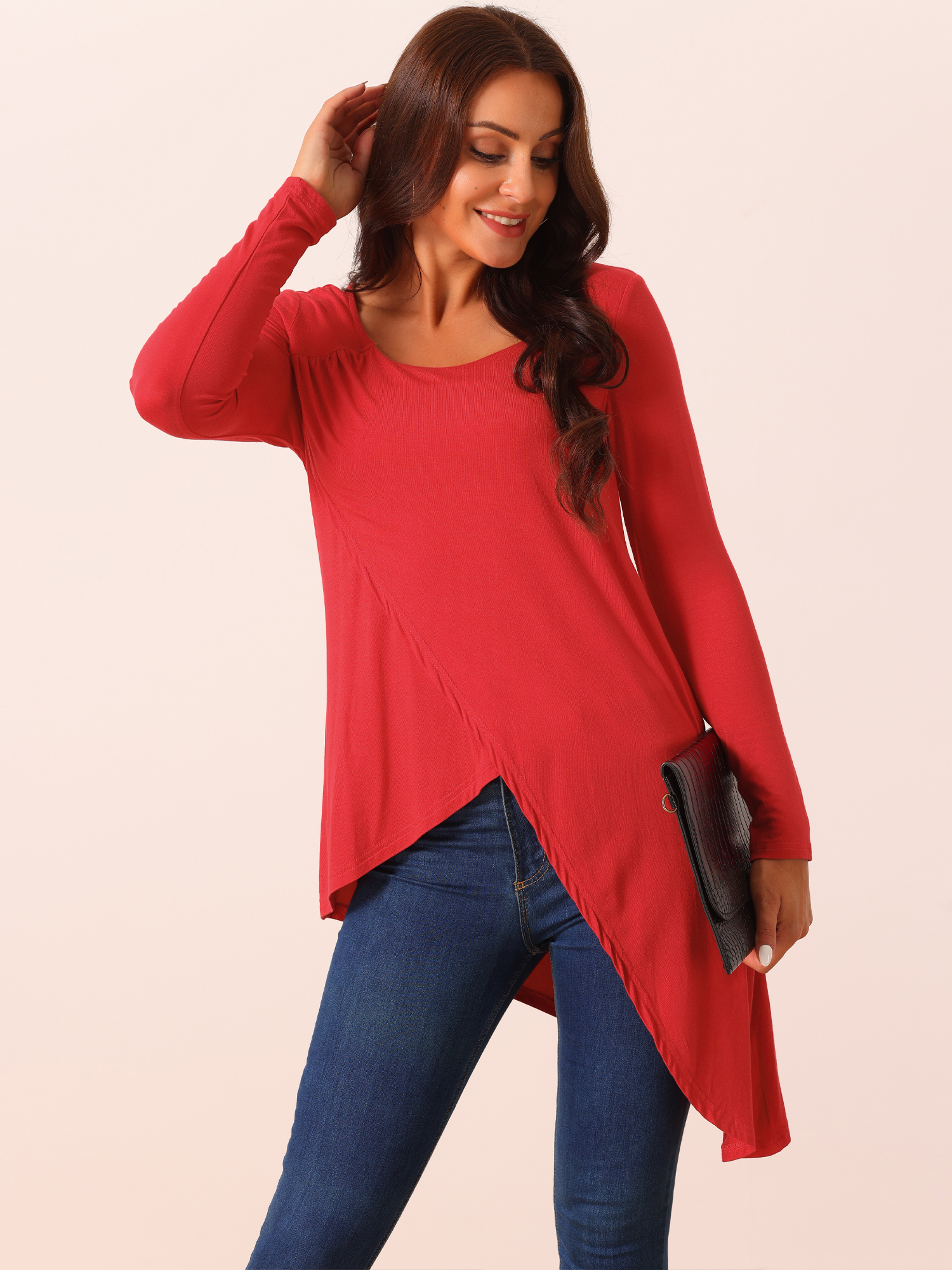 DARING DIVA Women's High Low Hem Long Sleeve Blouses L Red