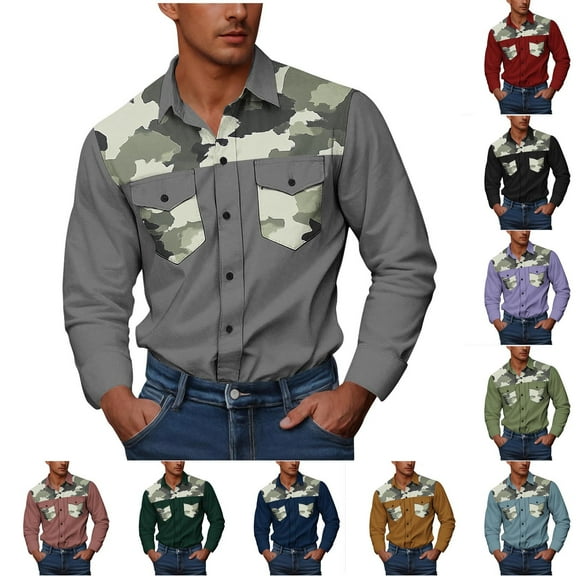 UVEASISHA Button Down Shirs for Men Long Sleeve Camo Color Block Casual Shirt Big and Tall Camouflage Print Cargo Shirts Western Cowboy Work Shirt Army Green 4XL