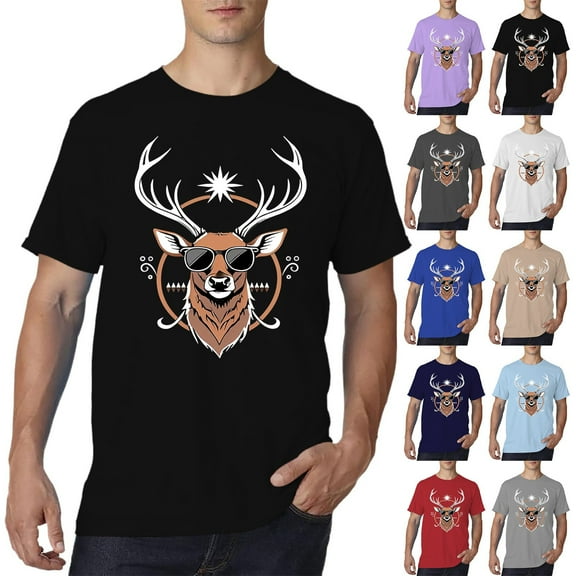 Christmas T-Shirts for Men Short Sleeve Funny Reindeer Graphic Tops Tee Crew Neck Casual Classic Christmas Family Xmas Gift Mens Shirts Black L